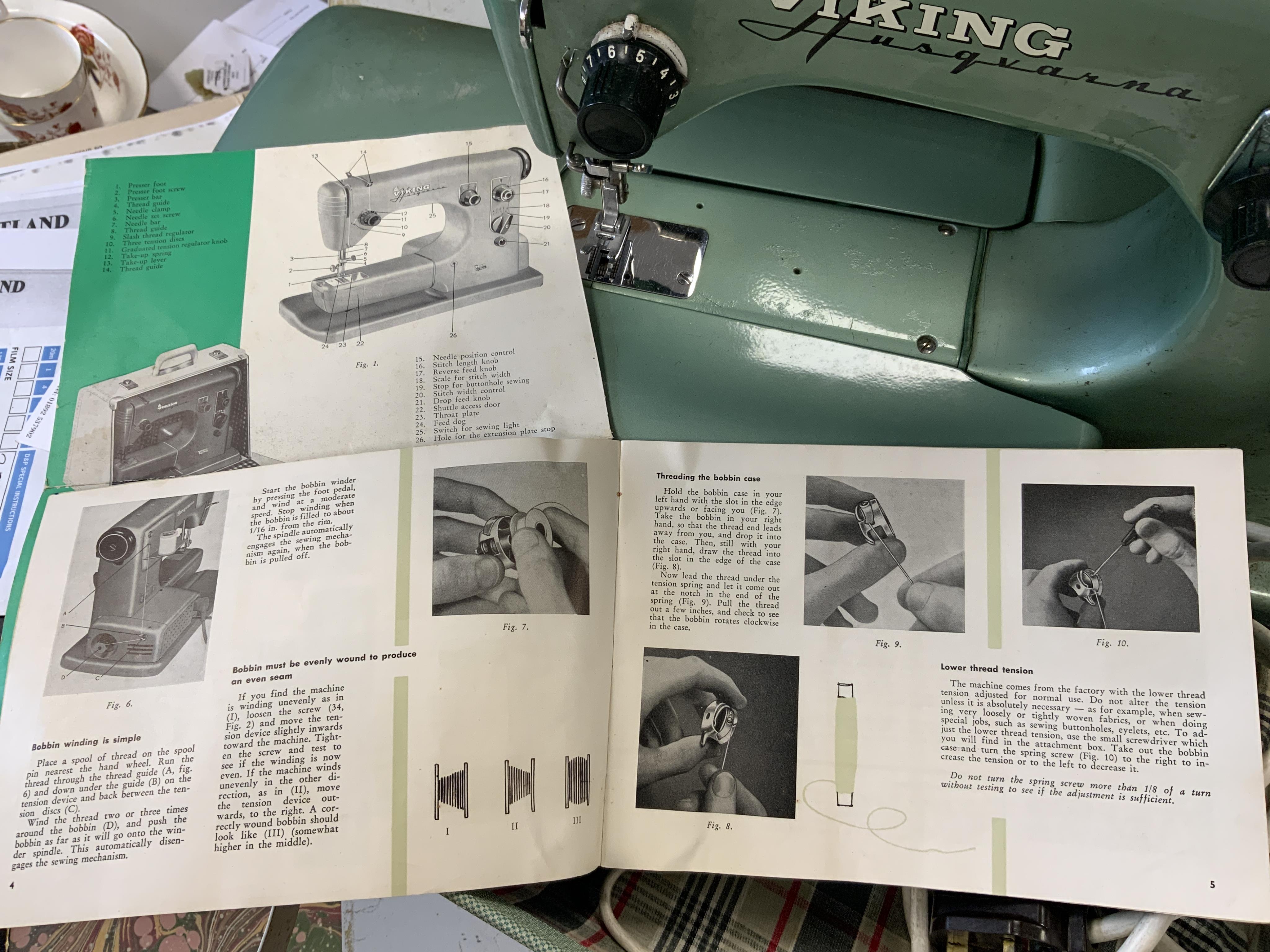 A Swedish 1950s/60s Viking Husqvarna Zig-Zag electric sewing machine, in original fitted case with instruction manual. Condition - fair to good.